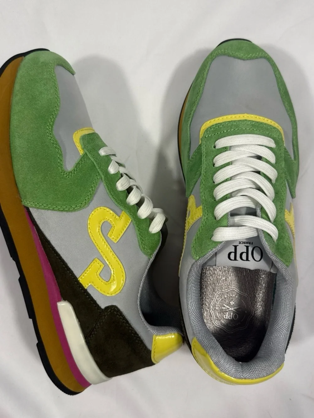 OPP France Suede Runner Sneakers — Green/Grey/Yellow/Pink Size US Women’s 8🍏